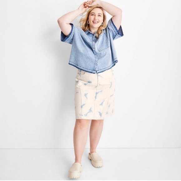 Future Collective - Light Wash High Rise Midi Denim Skirt - Picture 2 of 12